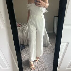 Elegant White Feather-Trimmed Jumpsuit